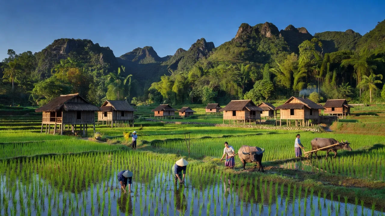 Khung cảnh đẹp tại xã Trung Thành, huyện Đà Bắc, tỉnh Hòa Bình với đồng xanh, nhà gỗ truyền thống.