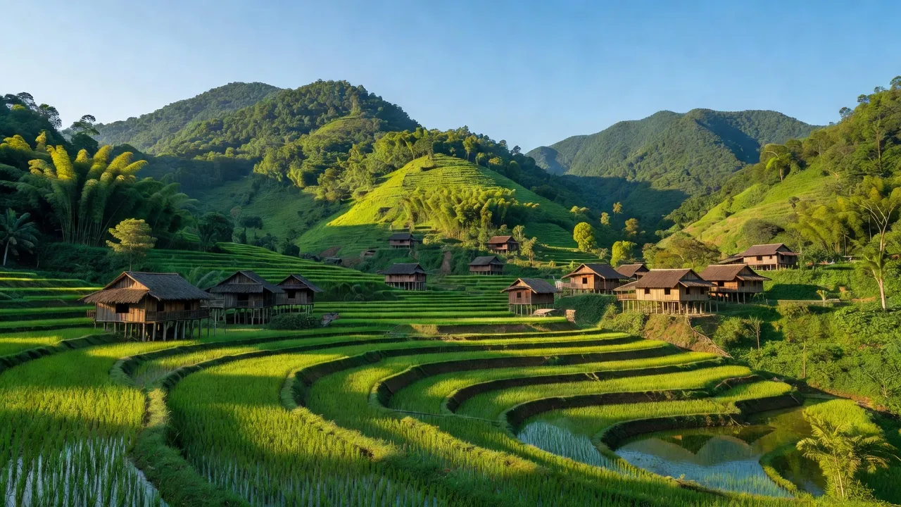 Cảnh đẹp xã Tú Lý, huyện Đà Bắc, tỉnh Hòa Bình với núi non và nhà sàn truyền thống.