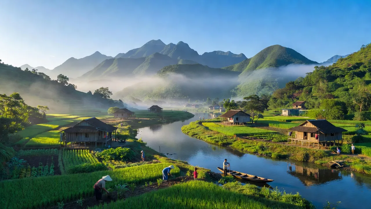 Cảnh đẹp xã Vầy Nưa, huyện Đà Bắc, tỉnh Hòa Bình với núi non và dòng sông Đà.
