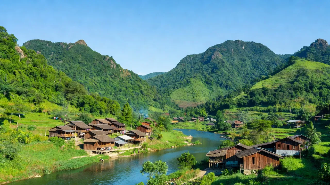 Khung cảnh xã Vầy Nưa, huyện Đà Bắc, tỉnh Hòa Bình với núi xanh và dòng sông Đà.