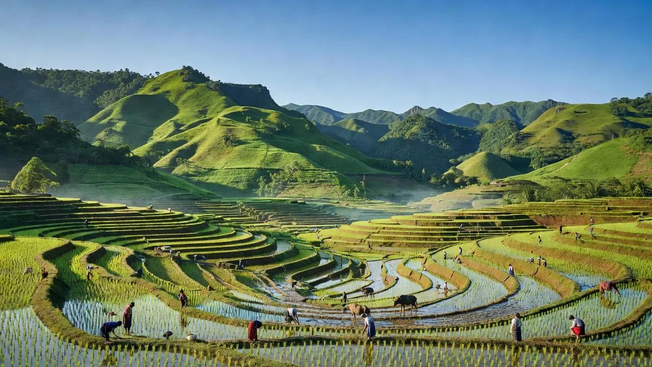 Cảnh đẹp xã Yên Hòa, huyện Đà Bắc, Hòa Bình với ruộng bậc thang và đồi núi xanh.