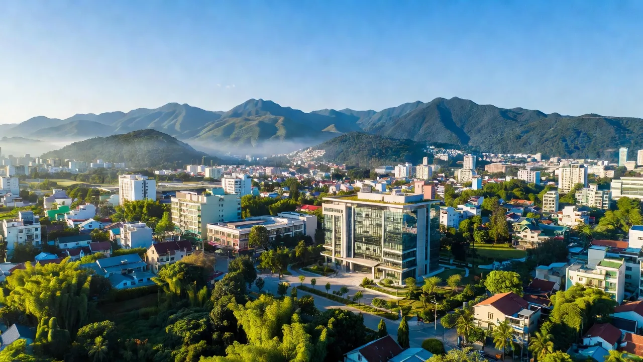 Quang cảnh thành phố Hòa Bình, tỉnh Hòa Bình với núi non và kiến trúc đô thị hiện đại.