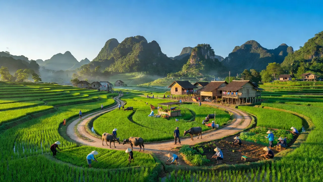 Cảnh quan Mông Hóa, Thành phố Hòa Bình với đồng ruộng xanh và núi non hùng vĩ.