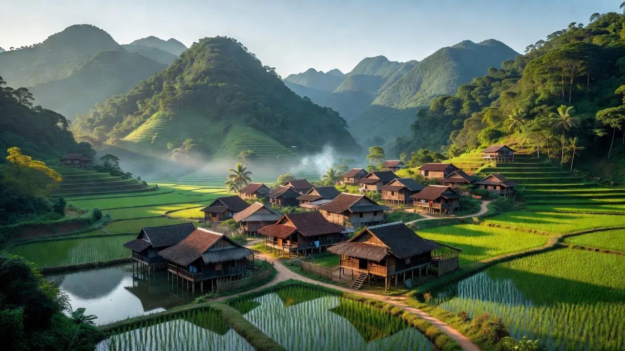 Quang cảnh làng Bình Sơn, huyện Kim Bôi, tỉnh Hòa Bình với núi non xanh tươi và nhà truyền thống.