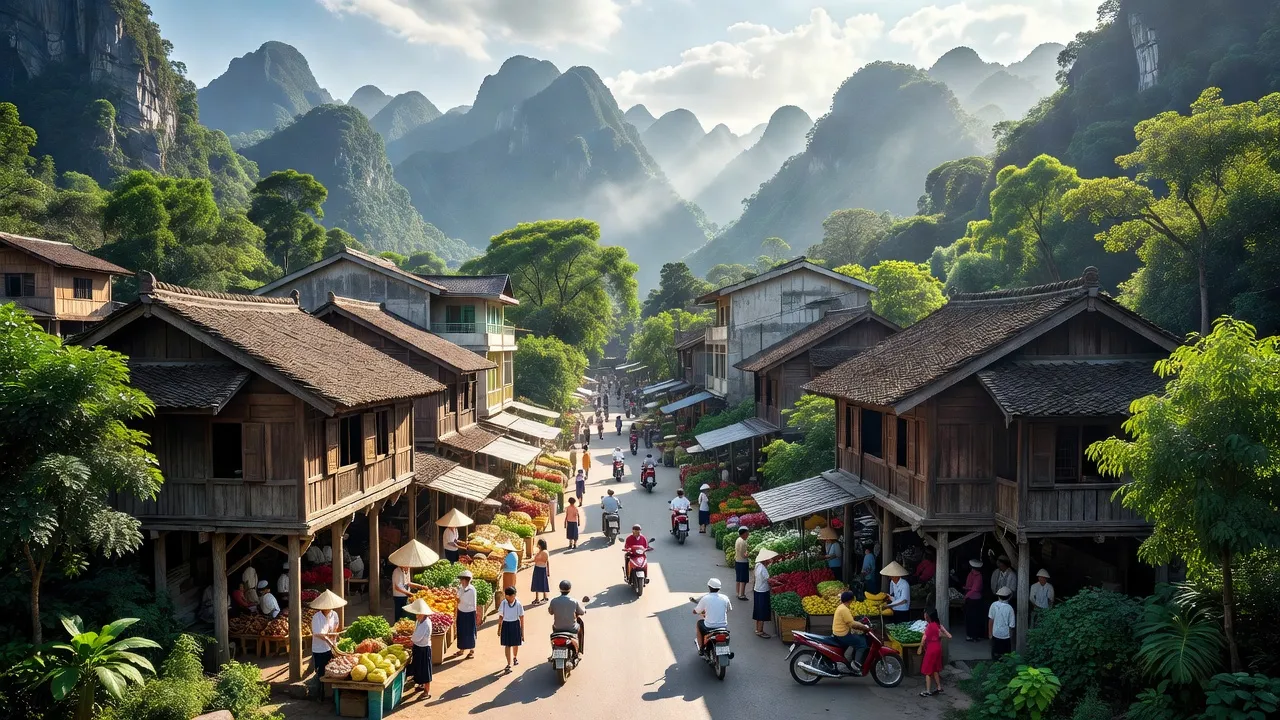 Thị trấn Bo huyện Kim Bôi, Hòa Bình với cảnh quan núi non, nhà cửa và cuộc sống nhộn nhịp.