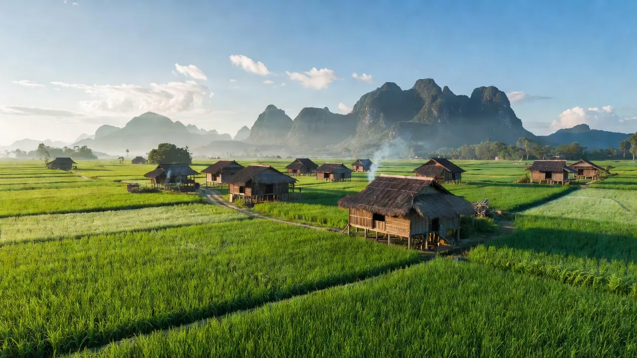 Cảnh làng Cuối Hạ, huyện Kim Bôi, tỉnh Hòa Bình với cánh đồng xanh và nhà truyền thống.