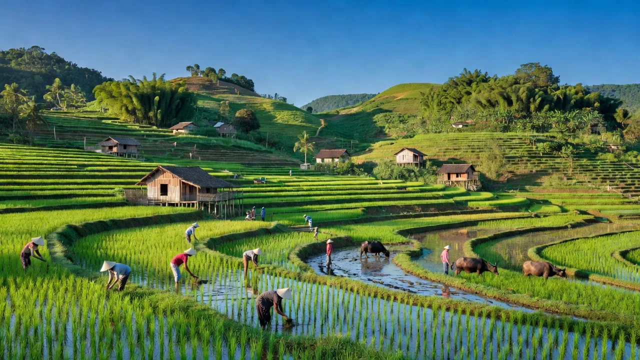 Khung cảnh xã Cuối Hạ, huyện Kim Bôi, tỉnh Hòa Bình, với đồng ruộng và đồi núi xanh tươi.