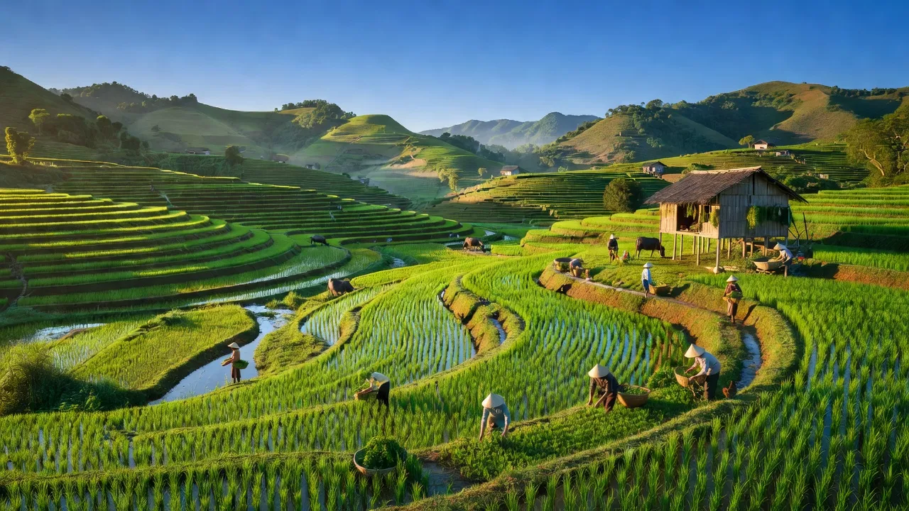 Cảnh quan nông thôn xã Đông Bắc, huyện Kim Bôi, tỉnh Hòa Bình với ruộng bậc thang xanh tươi.