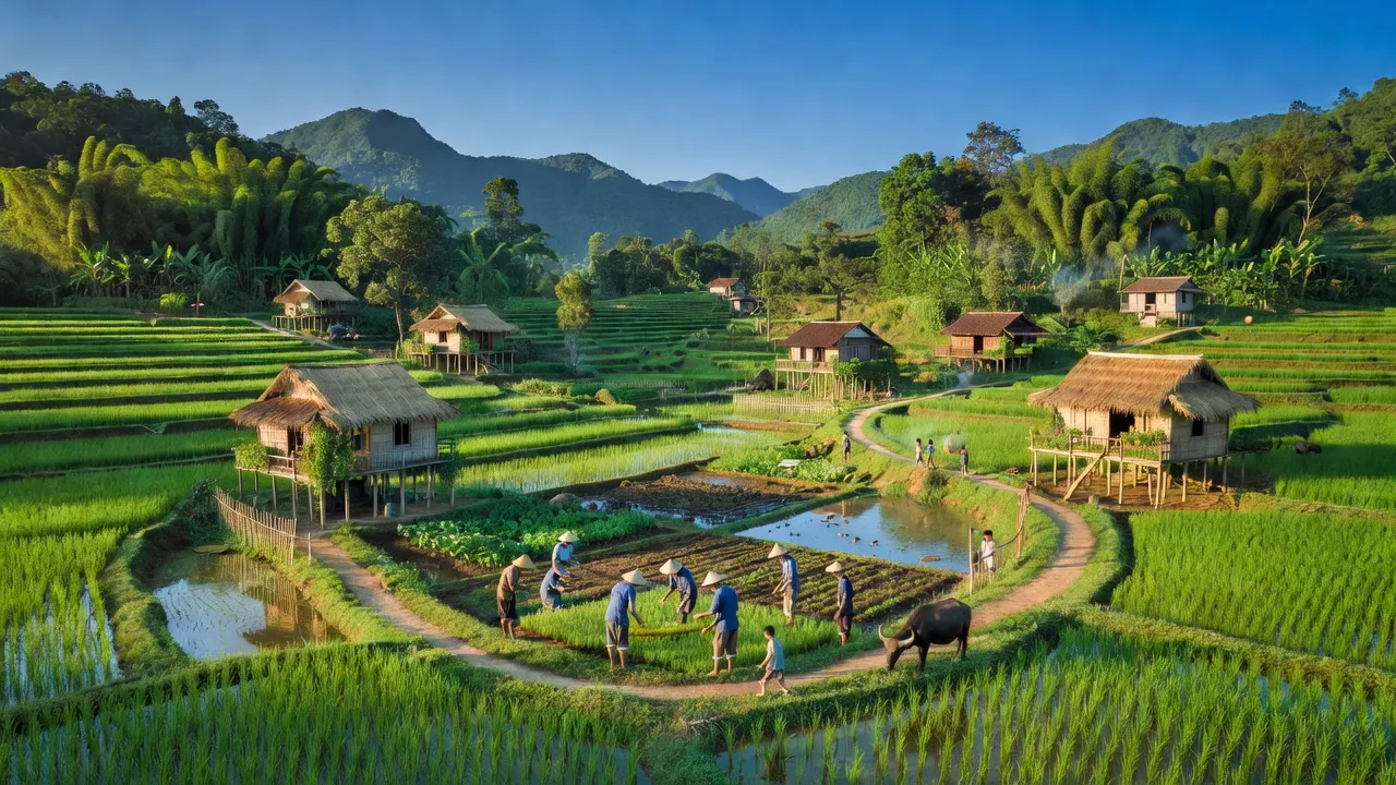 Khung cảnh đẹp của xã Đông Bắc, huyện Kim Bôi, tỉnh Hòa Bình với ruộng xanh và núi non.