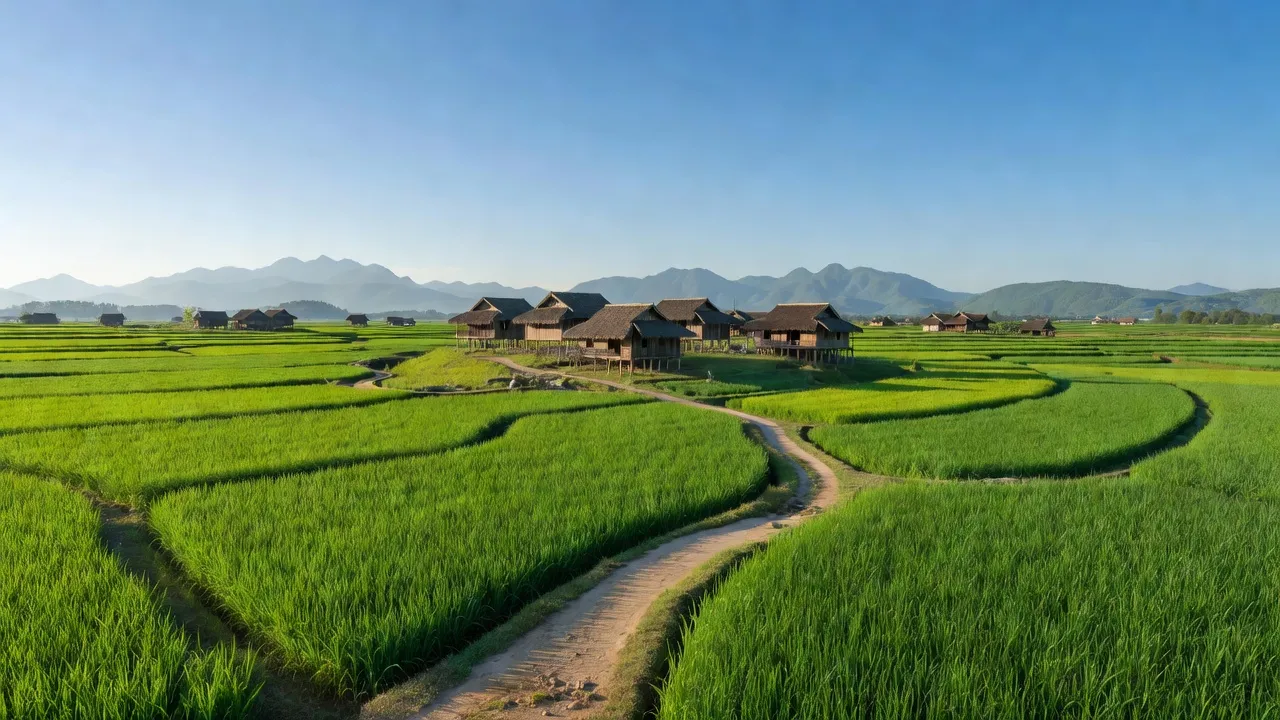 Khung cảnh Xã Đú Sáng với những cánh đồng xanh, nhà truyền thống và bầu trời trong xanh.