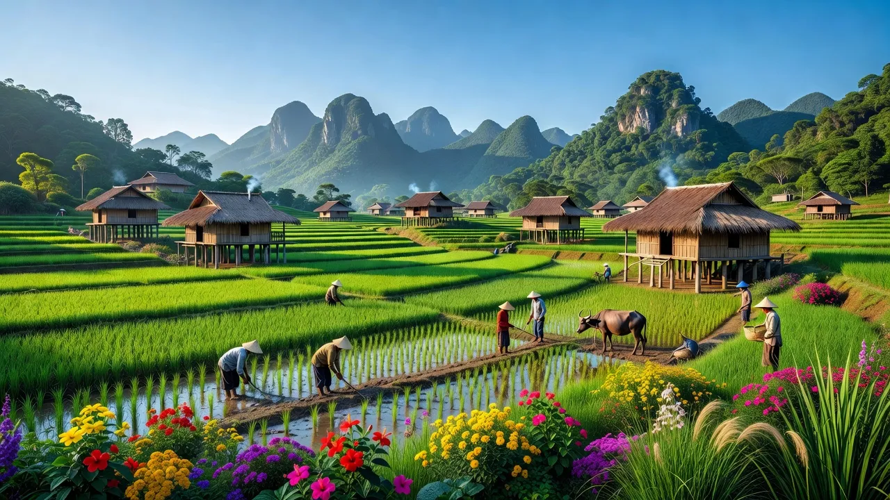 Cảnh đẹp xã Hợp Tiến, huyện Kim Bôi, tỉnh Hòa Bình với cánh đồng xanh và nhà truyền thống.