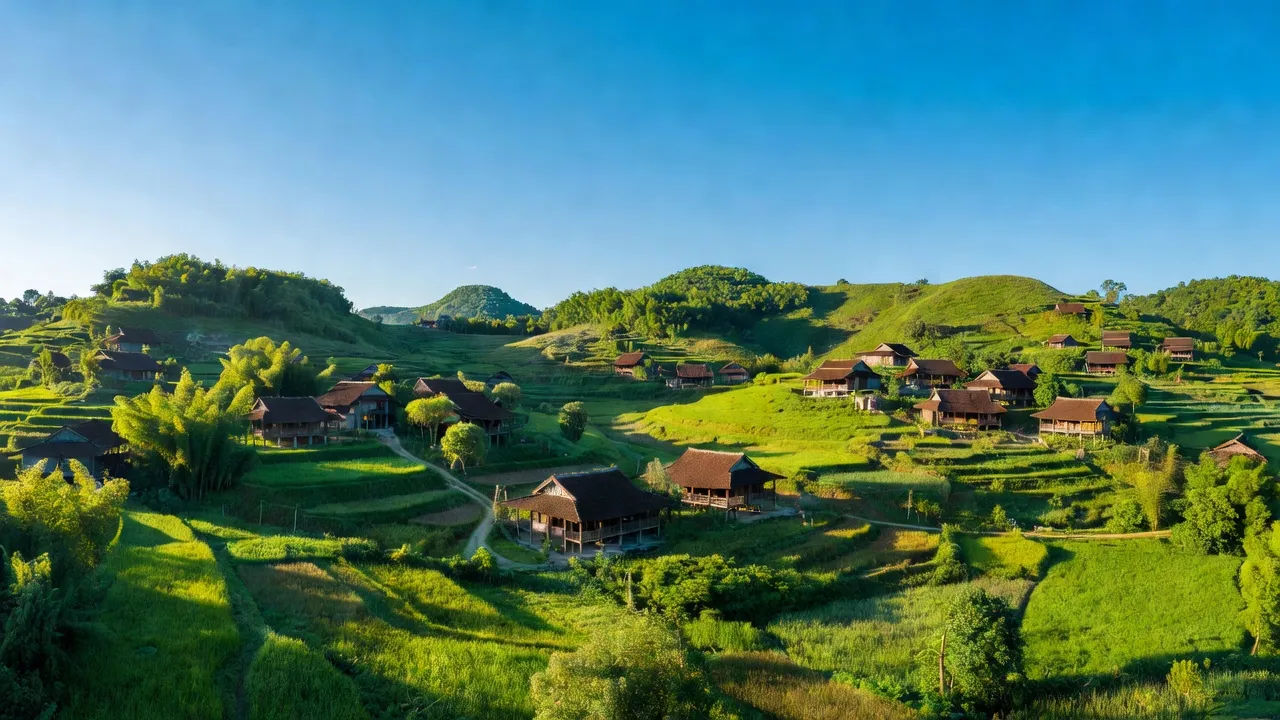 Khung cảnh bình yên của xã Hùng Sơn, huyện Kim Bôi, tỉnh Hòa Bình với đồi núi xanh tươi.