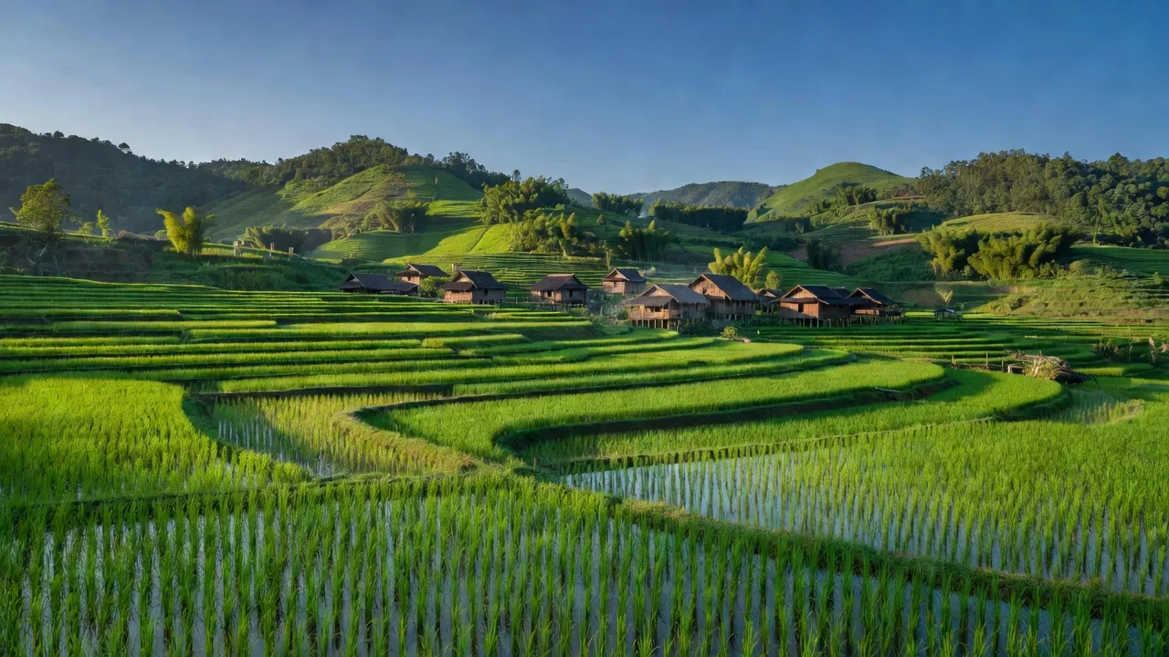 Cảnh đẹp Xã Kim Lập, huyện Kim Bôi, tỉnh Hoà Bình với cánh đồng xanh và nhà gỗ truyền thống.
