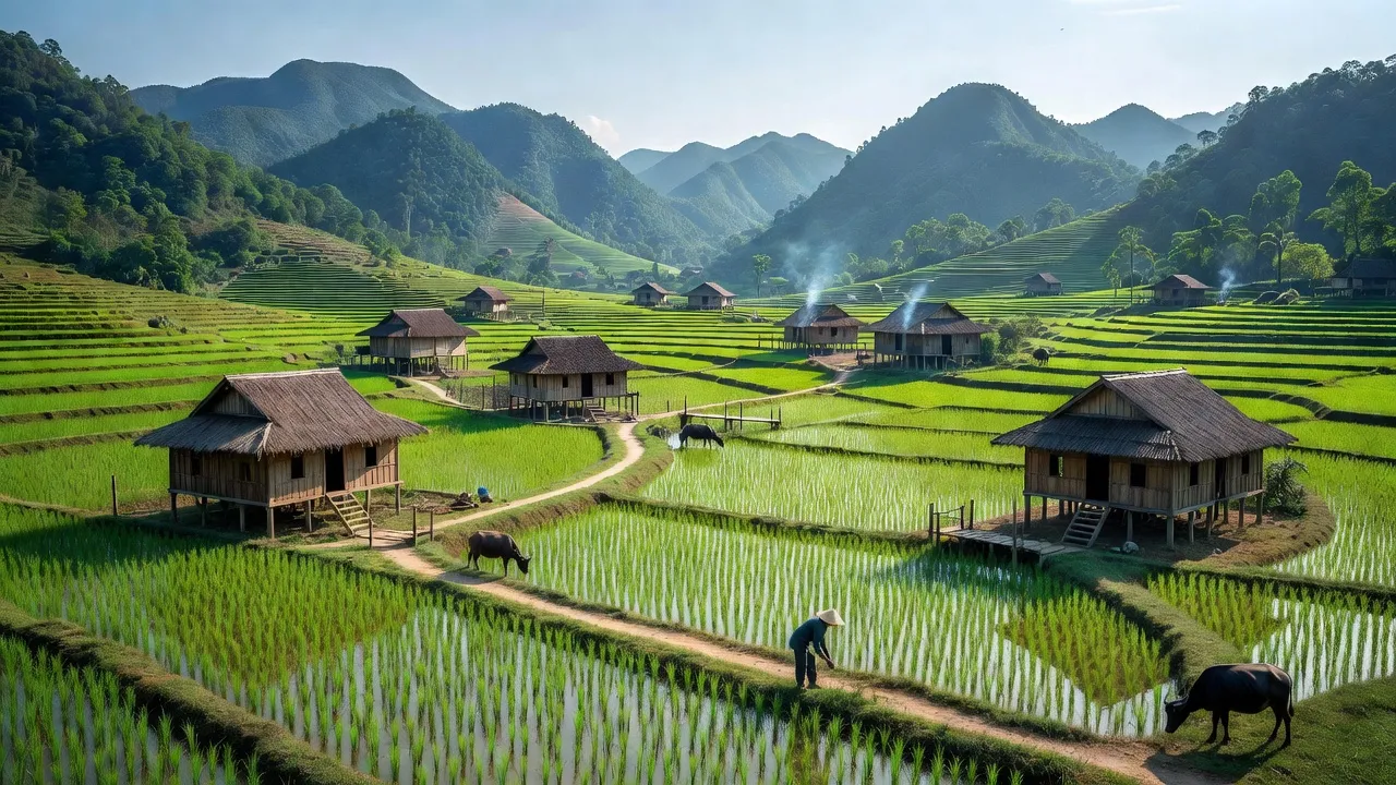Cảnh đẹp xã Kim Lập, huyện Kim Bôi, tỉnh Hòa Bình với cánh đồng xanh và núi non hùng vĩ.