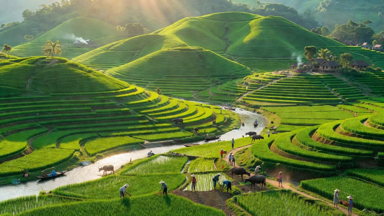 Cảnh đẹp xã Mi Hòa, huyện Kim Bôi với đồi xanh và sông Bôi, miền núi Hòa Bình.