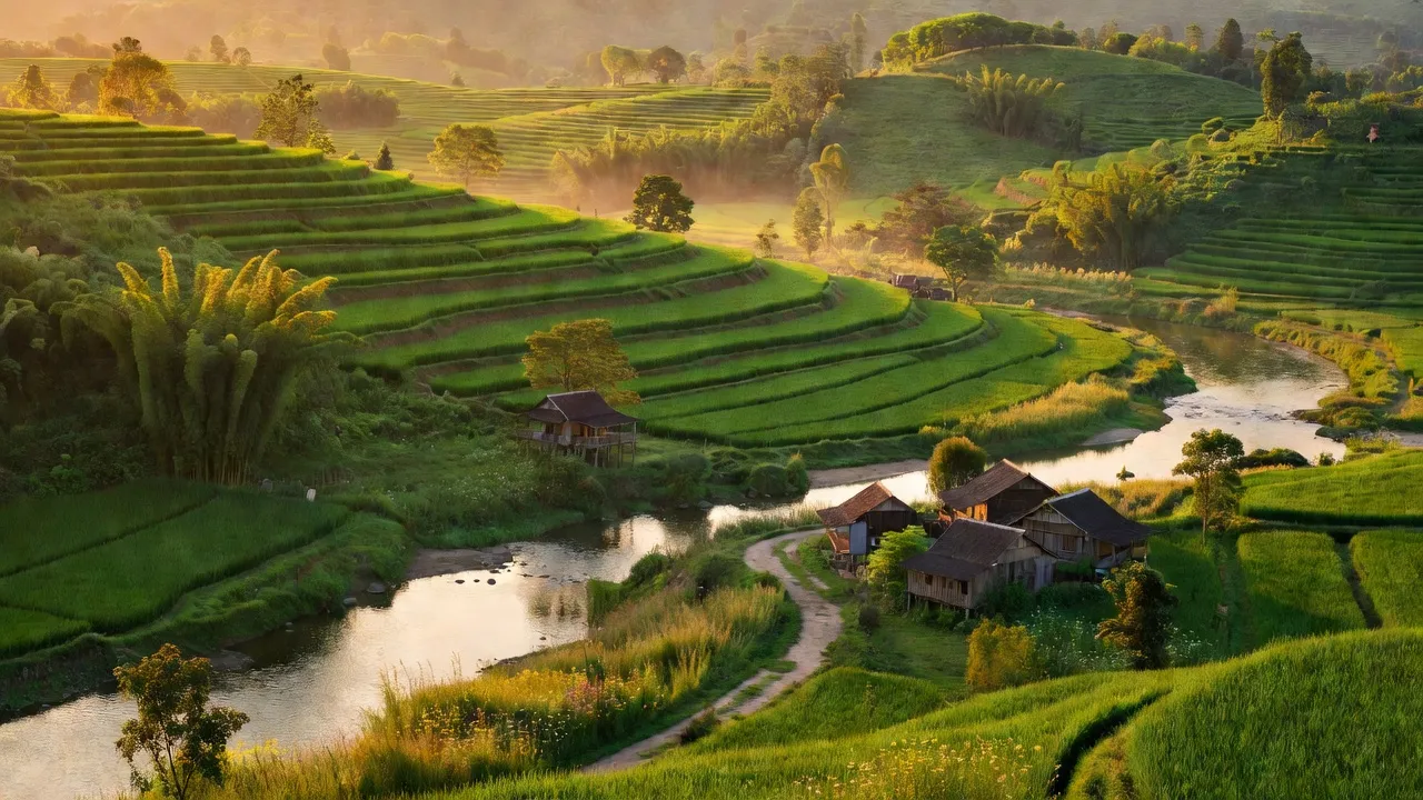 Khung cảnh tuyệt đẹp ở Xã Mi Hòa, Huyện Kim Bôi, Tỉnh Hòa Bình với sông Bôi và núi non xanh tươi.