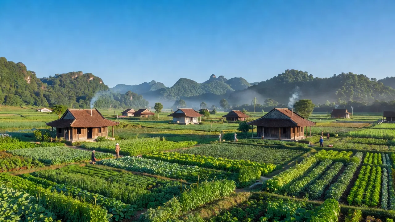 Phong cảnh xã Nam Thượng huyện Kim Bôi, tỉnh Hòa Bình với cánh đồng xanh tươi và nhà truyền thống.