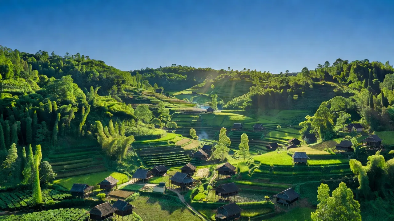 Cảnh sắc Xã Nuông Dăm, Huyện Kim Bôi, Tỉnh Hòa Bình với đồi núi và nhà sàn truyền thống.
