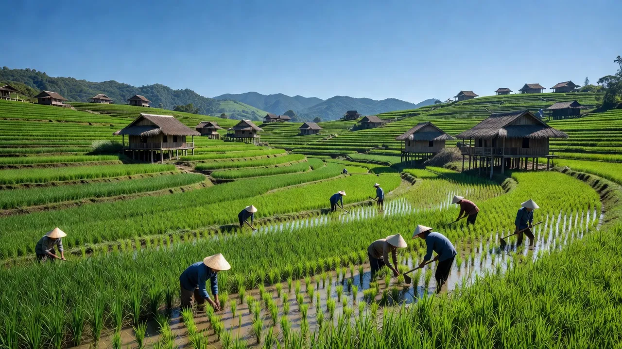 Cảnh quan tươi đẹp Xã Sào Báy, Huyện Kim Bôi với nhà truyền thống và người dân làm việc.