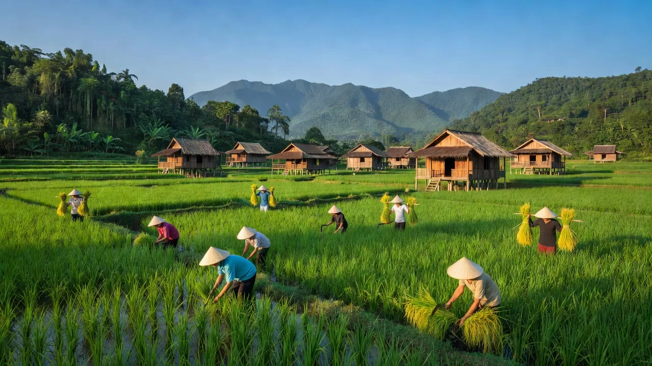 Cảnh sắc yên bình xã Sào Báy, huyện Kim Bôi, tỉnh Hòa Bình với cánh đồng xanh và nhà gỗ.