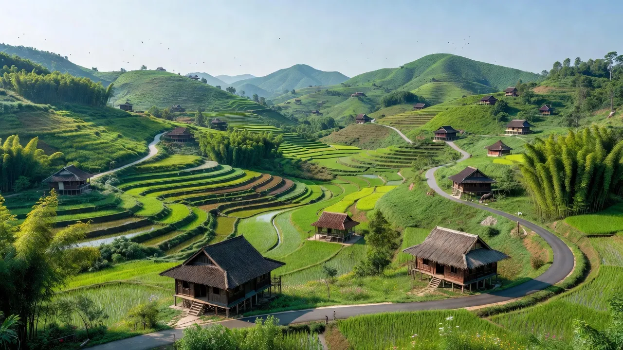 Cảnh đẹp xã Tú Sơn, huyện Kim Bôi, tỉnh Hòa Bình với nhà truyền thống và thiên nhiên xanh tươi.