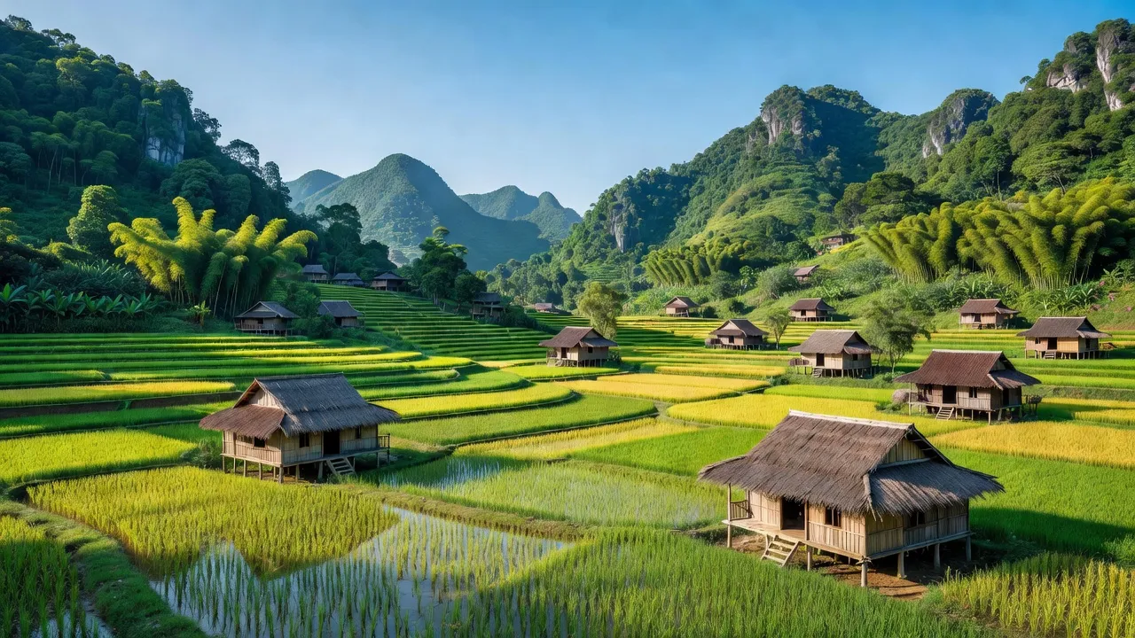 Khung cảnh xã Vĩnh Đồng, huyện Kim Bôi, tỉnh Hòa Bình với đồng xanh và nhà truyền thống.