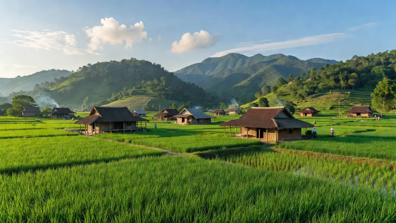Cảnh quan tuyệt đẹp Xã Xuân Thủy, Huyện Kim Bôi, Tỉnh Hòa Bình với đồng cỏ xanh và nhà truyền thống.