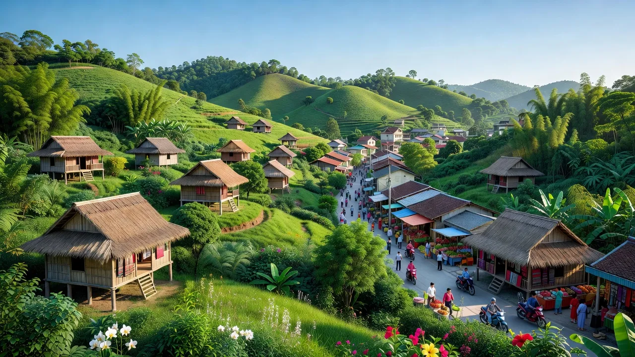 Cảnh quan huyện Lạc Sơn, Hòa Bình với đồi xanh, nhà Mường và trung tâm Vụ Bản sôi động.