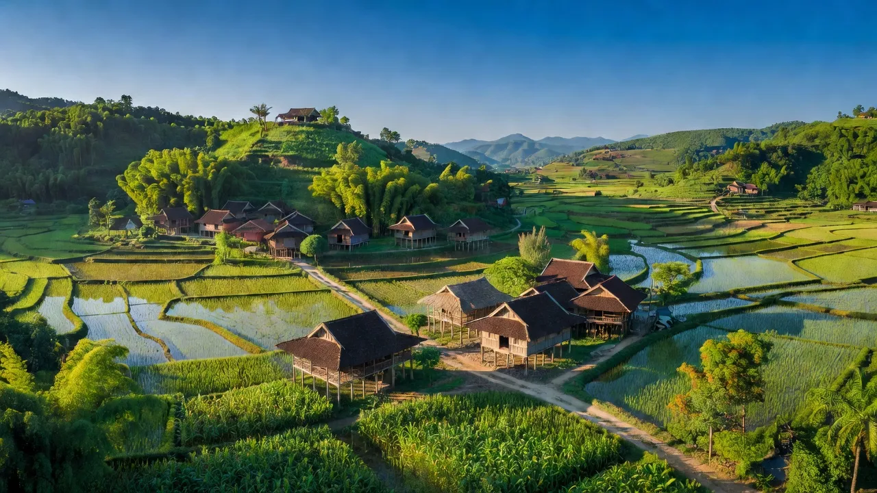 Khung cảnh Xã Ân Nghĩa, huyện Lạc Sơn, tỉnh Hòa Bình với đồi núi và ruộng bậc thang.