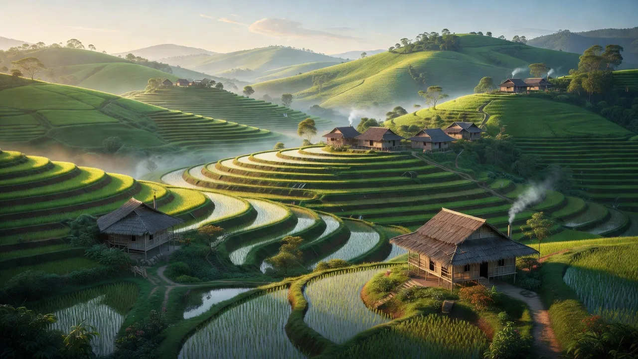 Phong cảnh đồi núi tại xã Bình Hẻm, huyện Lạc Sơn, tỉnh Hòa Bình, với ruộng bậc thang xanh tươi.
