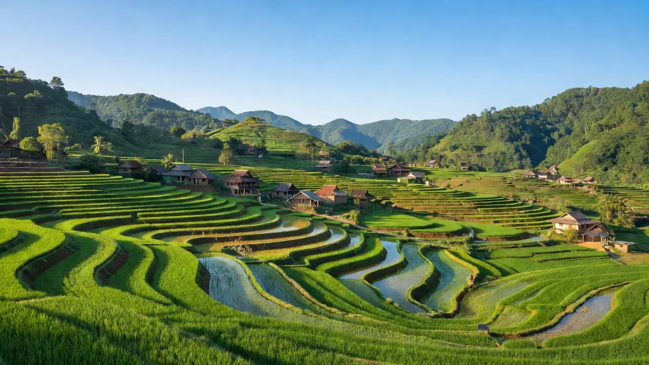Cảnh đẹp Xã Chí Đạo, Lạc Sơn, Hòa Bình với ruộng bậc thang và đồi núi xanh tươi.