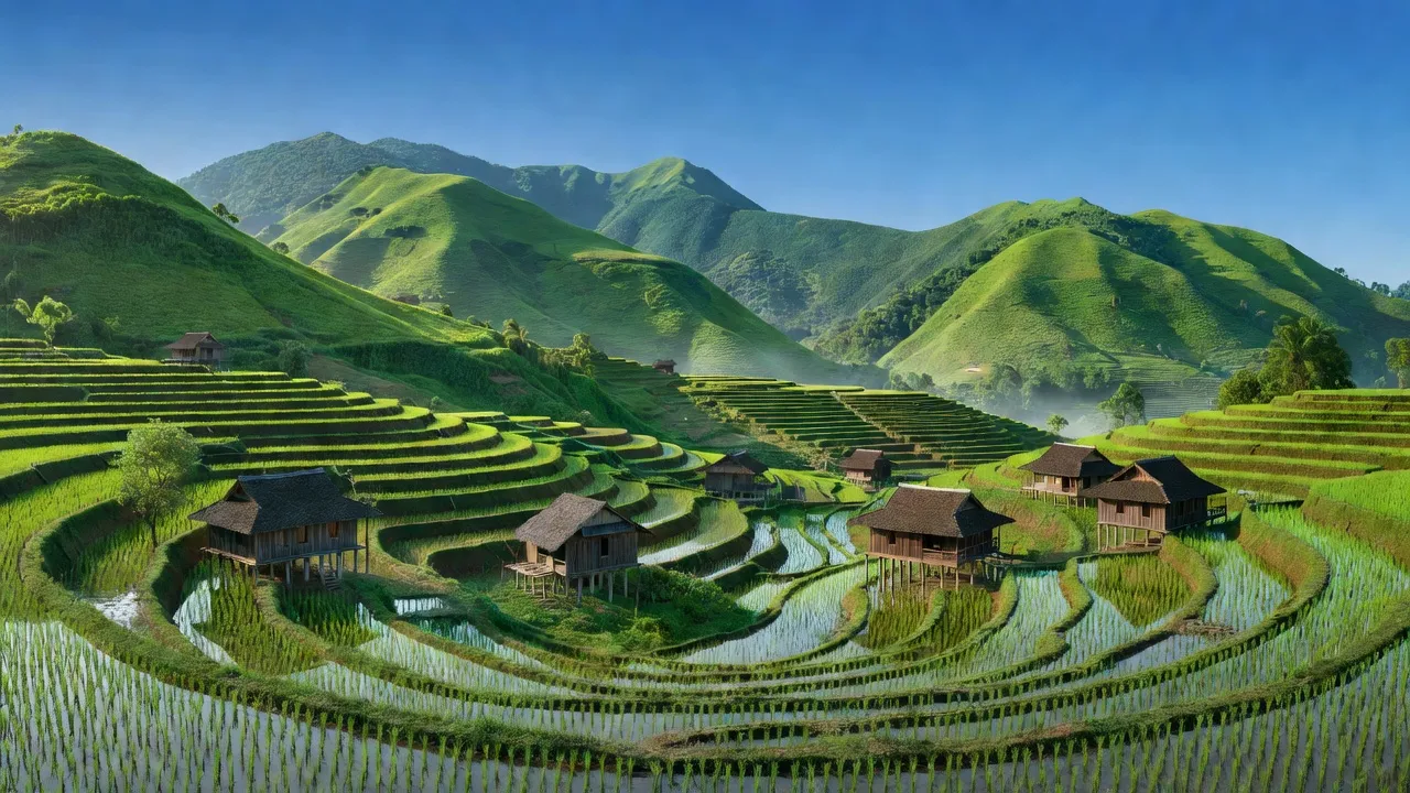 Cảnh quan xanh tươi xã Chí Đạo, huyện Lạc Sơn, Hòa Bình với đồi núi và ruộng bậc thang.