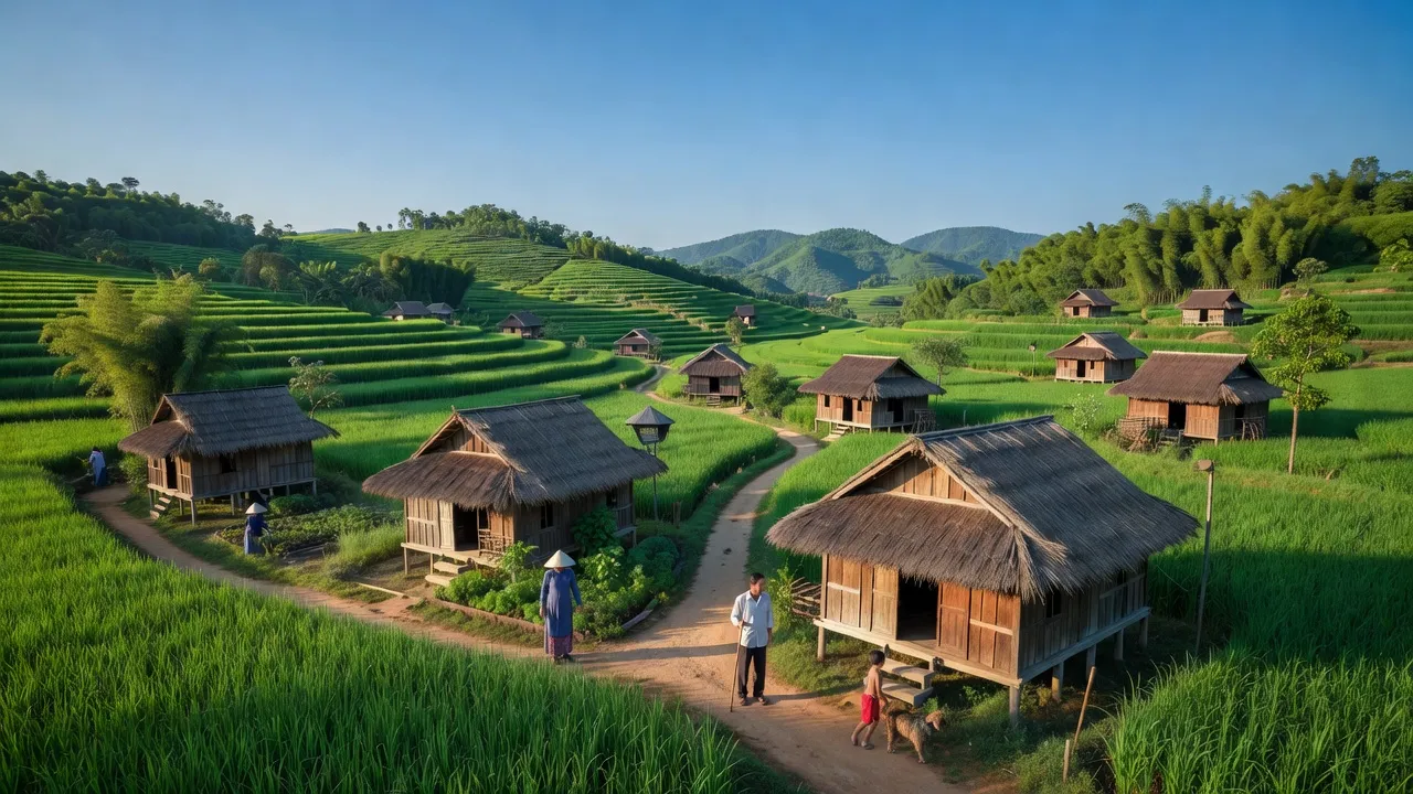 Cảnh đẹp nông thôn Xã Định Cư, Huyện Lạc Sơn, tỉnh Hòa Bình, với đồi núi và nhà truyền thống.