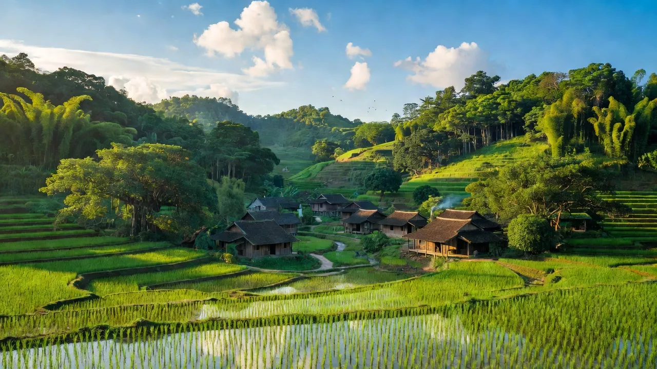 Khung cảnh xã Hương Nhượng, huyện Lạc Sơn, tỉnh Hòa Bình với đồi núi xanh tươi và làng mạc yên bình.