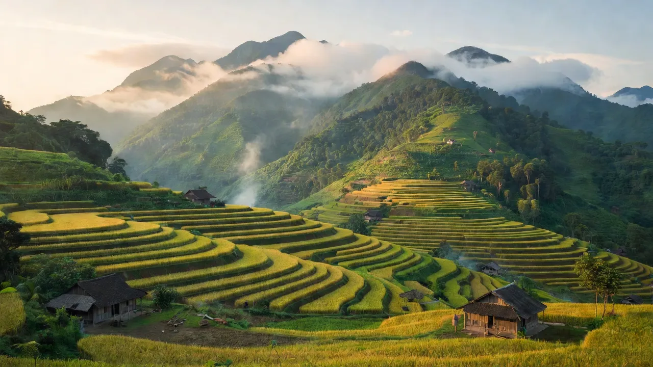 Cảnh quan xã Miền Đồi, huyện Lạc Sơn, tỉnh Hòa Bình với đồi núi và ruộng bậc thang.