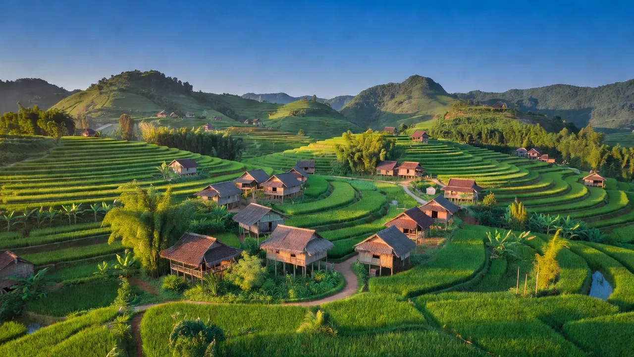 Khung cảnh thơ mộng xã Mỹ Thành, huyện Lạc Sơn, tỉnh Hòa Bình với đồi núi và nhà truyền thống.