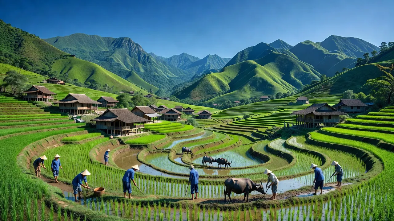 Quang cảnh xã Mỹ Thành huyện Lạc Sơn với núi đồi xanh tươi và cuộc sống nông thôn sôi động.