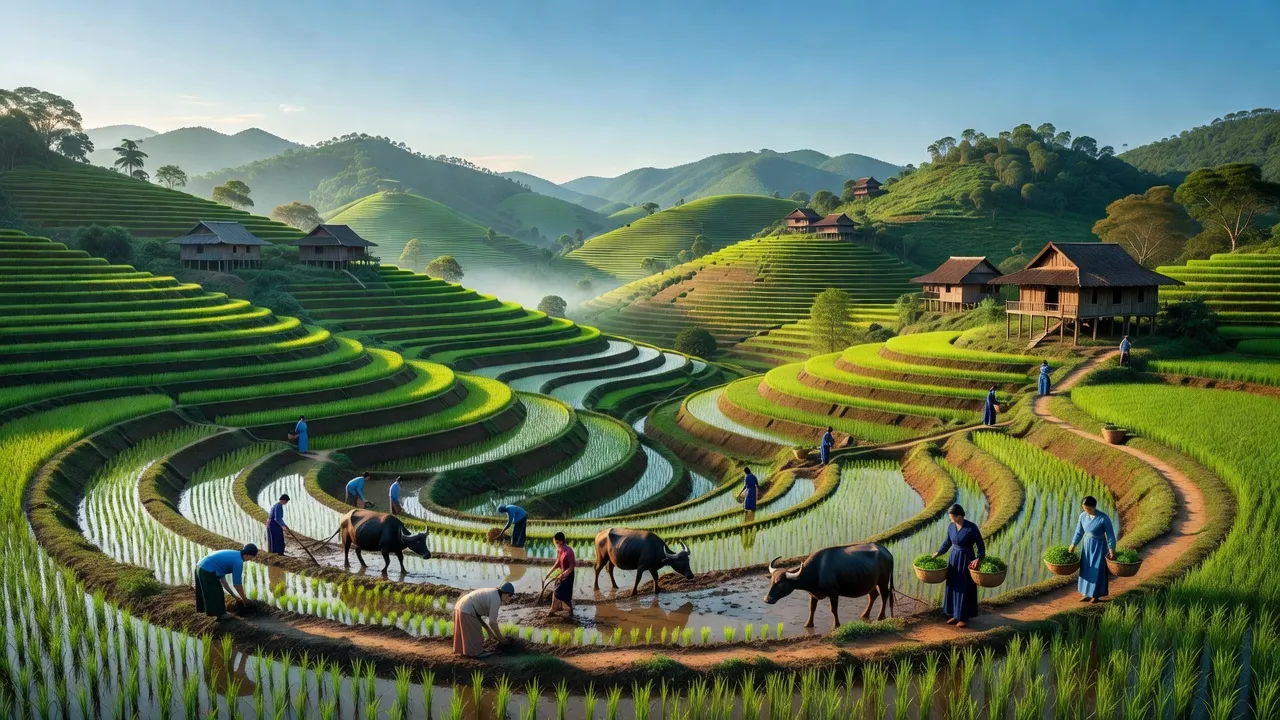 Khung cảnh xã Ngọc Lâu, Lạc Sơn, Hòa Bình với đồi núi, ruộng bậc thang và cộng đồng dân tộc.