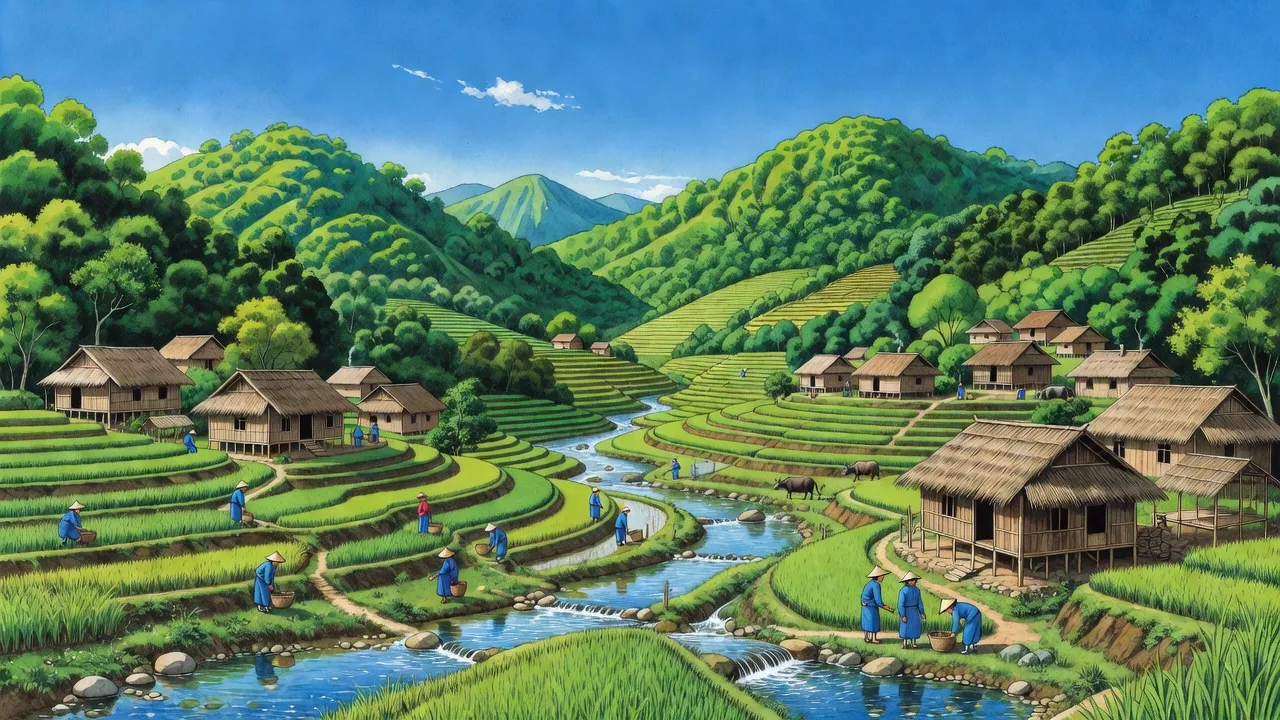 Phong cảnh xã Ngọc Lâu, huyện Lạc Sơn, tỉnh Hòa Bình, với núi xanh và suối uốn lượn.