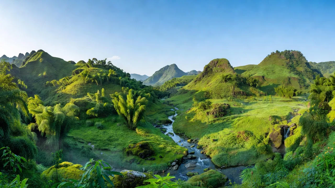 Khung cảnh thiên nhiên tại xã Ngọc Sơn, huyện Lạc Sơn với đồi núi và khe suối xanh mát.