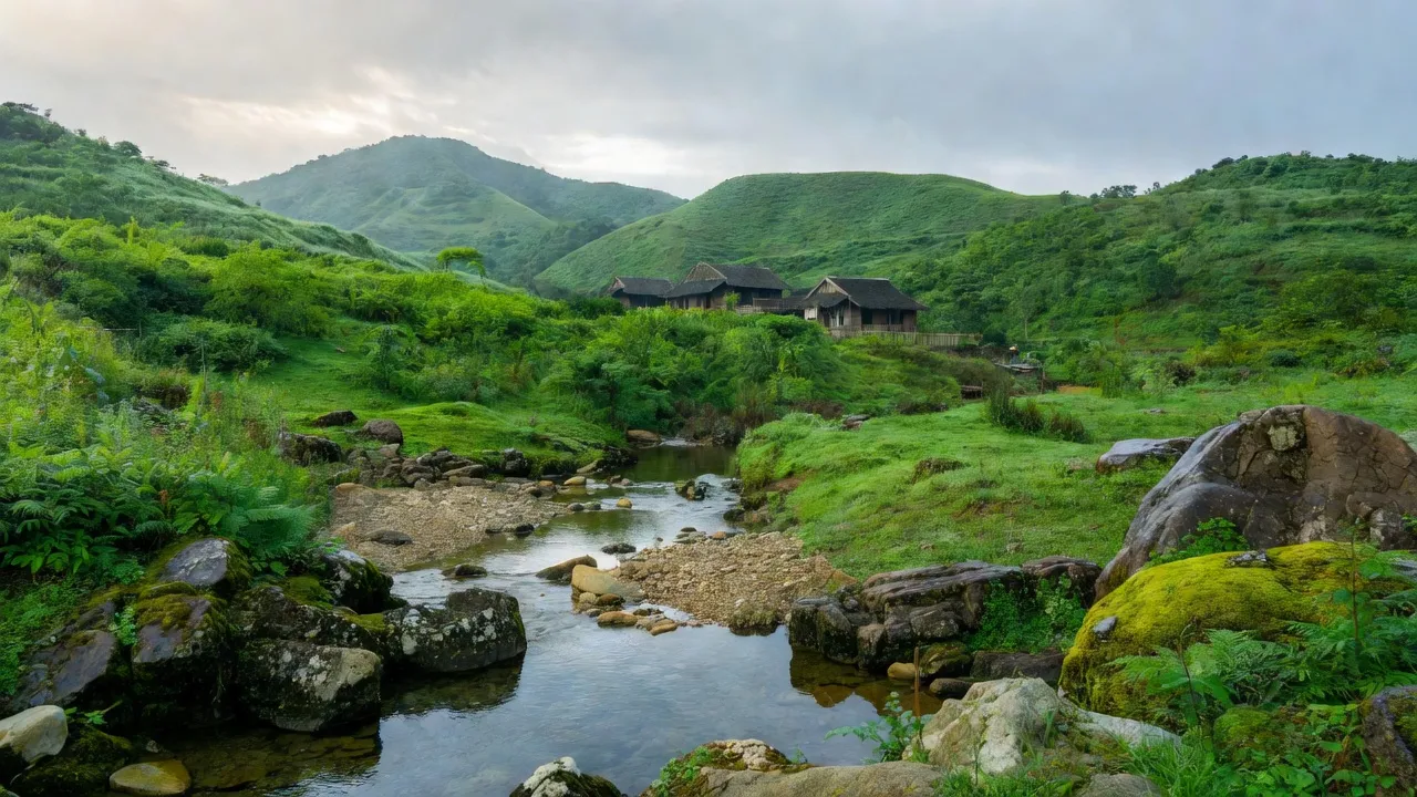 Khung cảnh thiên nhiên Xã Ngọc Sơn, huyện Lạc Sơn, tỉnh Hòa Bình với đồi núi và suối.