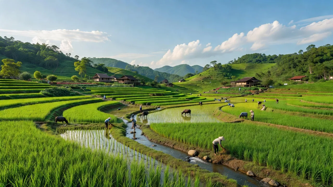 Khung cảnh đẹp của xã Nhân Nghĩa, huyện Lạc Sơn, tỉnh Hòa Bình với đồng ruộng và núi đồi.
