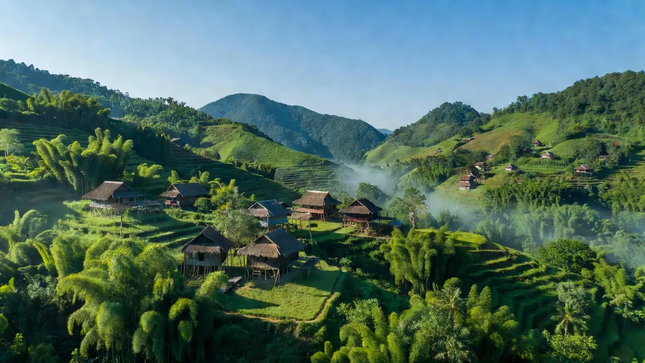 Quý Hòa village in Lạc Sơn, Hòa Bình, with hills and traditional houses against a blue sky.