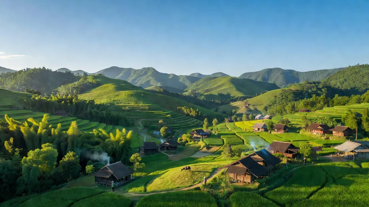 Vẻ đẹp yên bình xã Quý Hòa, huyện Lạc Sơn, tỉnh Hòa Bình với đồi núi và bầu trời xanh.