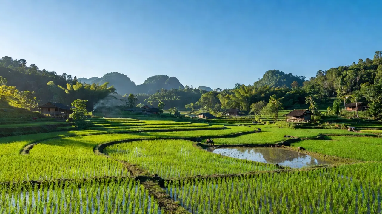 Cảnh nông thôn xã Quyết Thắng, huyện Lạc Sơn, tỉnh Hòa Bình với đồng xanh và rừng núi.