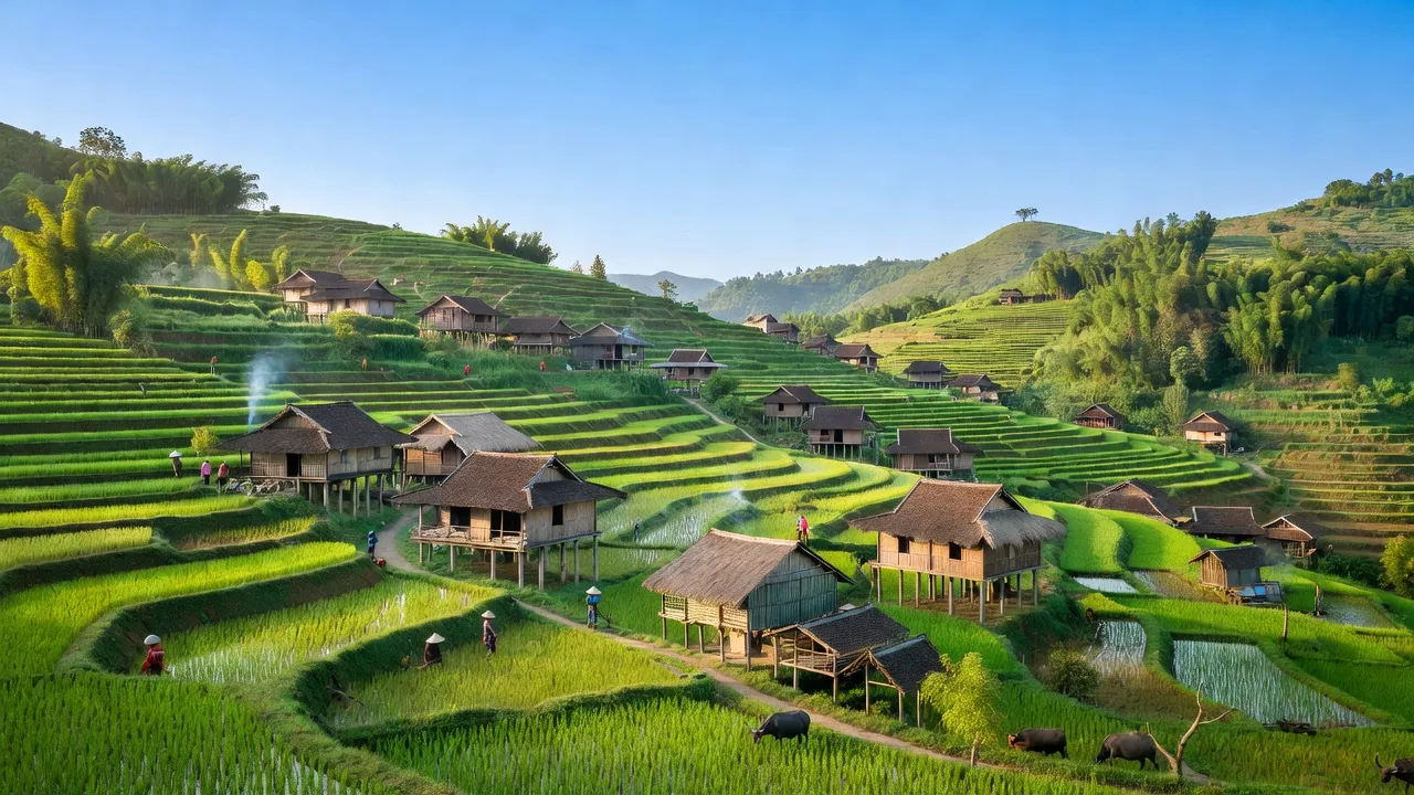 Cảnh quan xã Tân Lập, huyện Lạc Sơn, tỉnh Hòa Bình với đồi núi và nhà truyền thống.