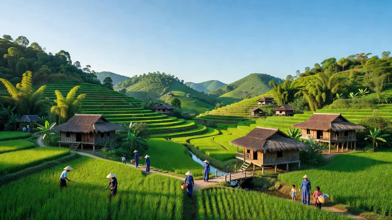 Khung cảnh yên bình xã Tân Lập, huyện Lạc Sơn, tỉnh Hòa Bình với đồi núi và nhà truyền thống.