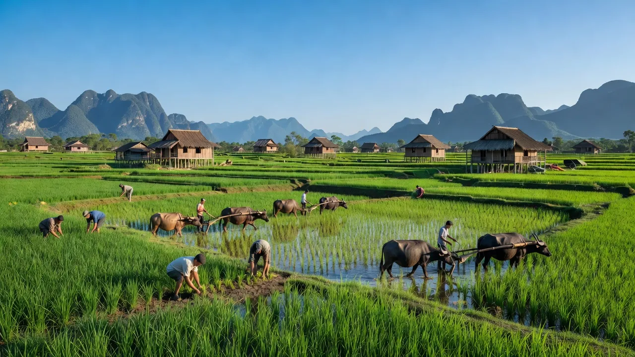 Cảnh đẹp rural xã Tân Mỹ, huyện Lạc Sơn, tỉnh Hòa Bình với cánh đồng xanh và nhà truyền thống.