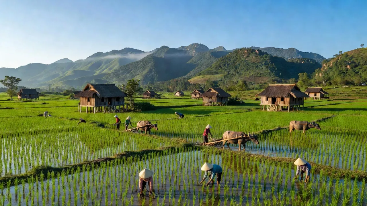 Cảnh quan nông thôn xã Tân Mỹ, huyện Lạc Sơn, tỉnh Hòa Bình với cánh đồng và núi non.