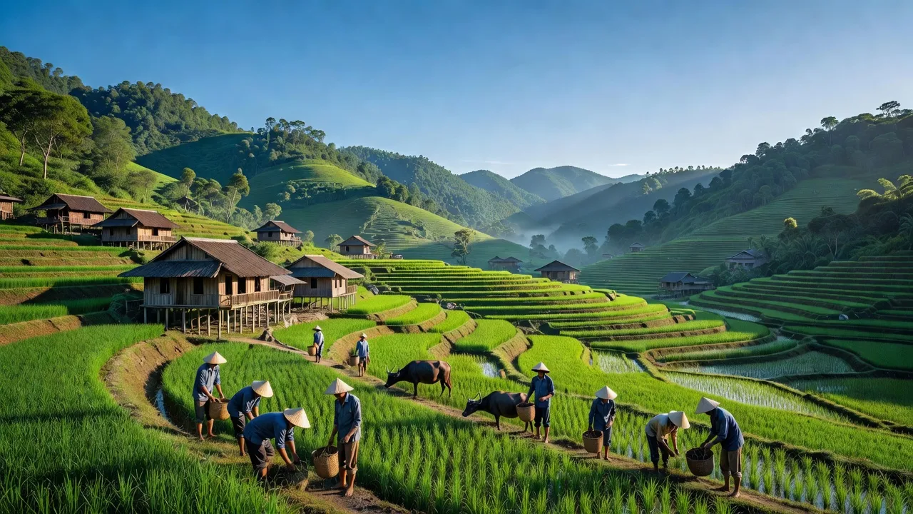 Khung cảnh xã Thượng Cốc, Lạc Sơn, Hòa Bình với đồi xanh và nhà truyền thống.